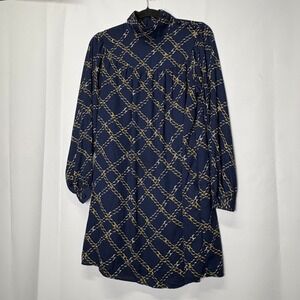 Who What Wear XS Blue Chain Print Long Sleeve Mini Dress Career Old Money Luxury